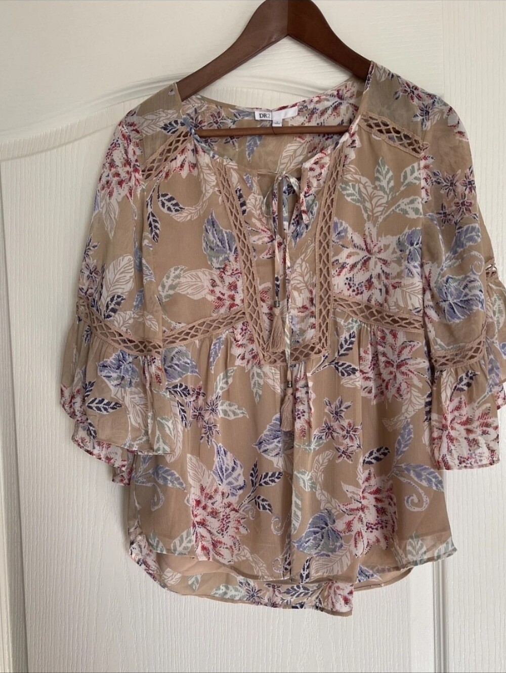 DR2 Floral Tie-Neck Peasant Blouse - Beige with Blue & Pink